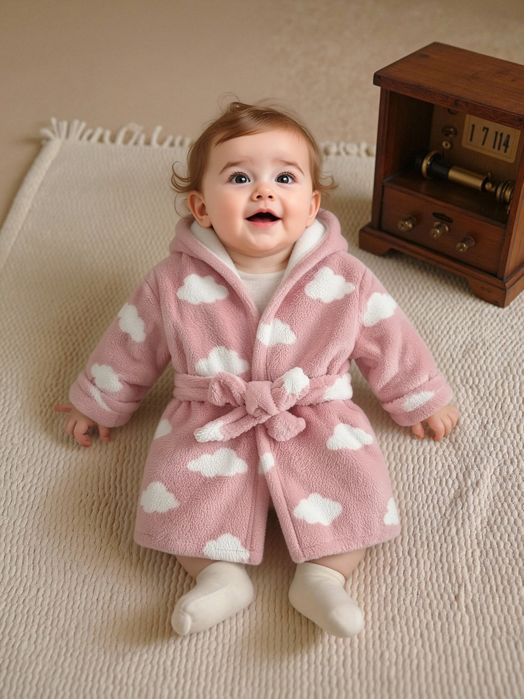 Baby white hooded flannel bathrobe