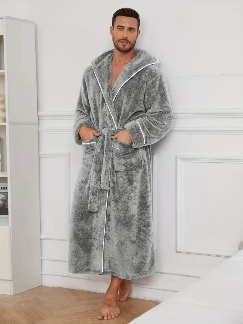 Men's thick hooded fleece bathrobe