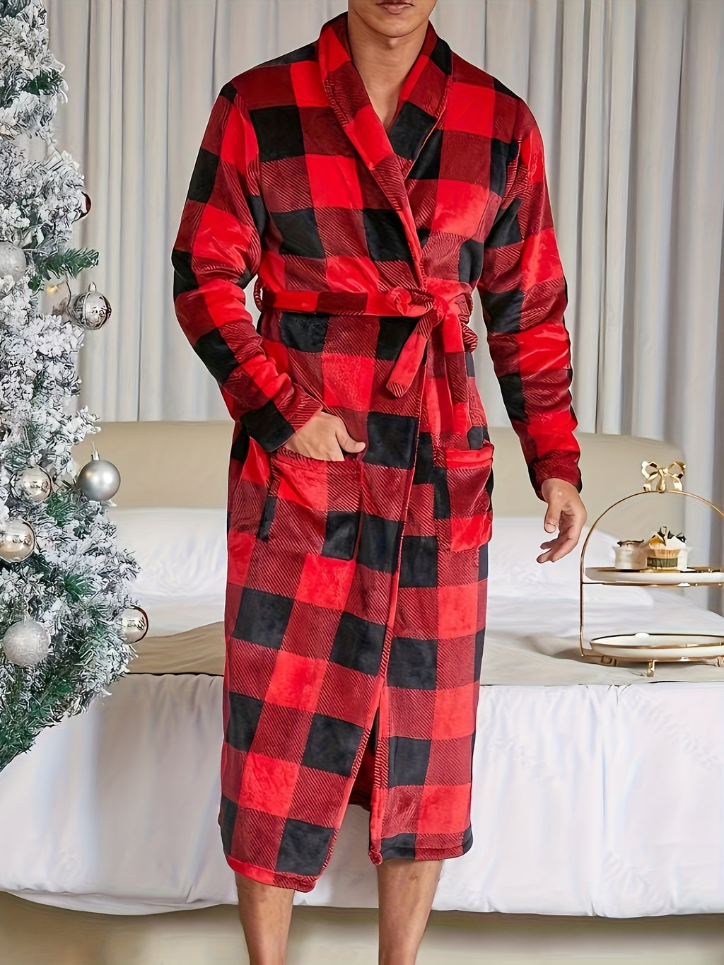 Men's red and black check flannel dressing gown