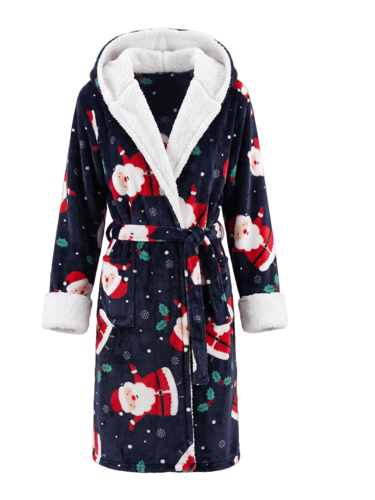 Men's navy Santa print hooded flannel dressing gown