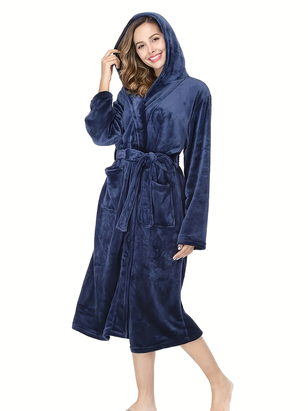Women's long hooded flannel bathrobe