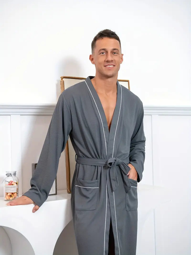 Men's long bathrobe with pockets, plus size