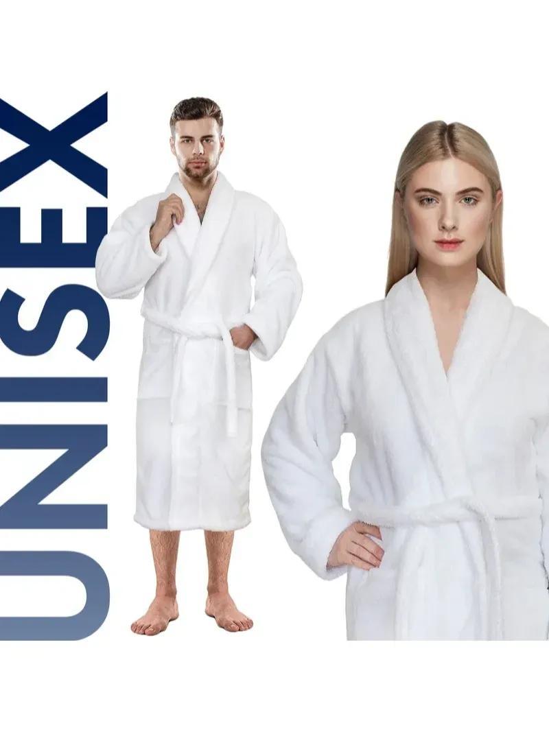 Unisex white hooded terry towelling bathrobe