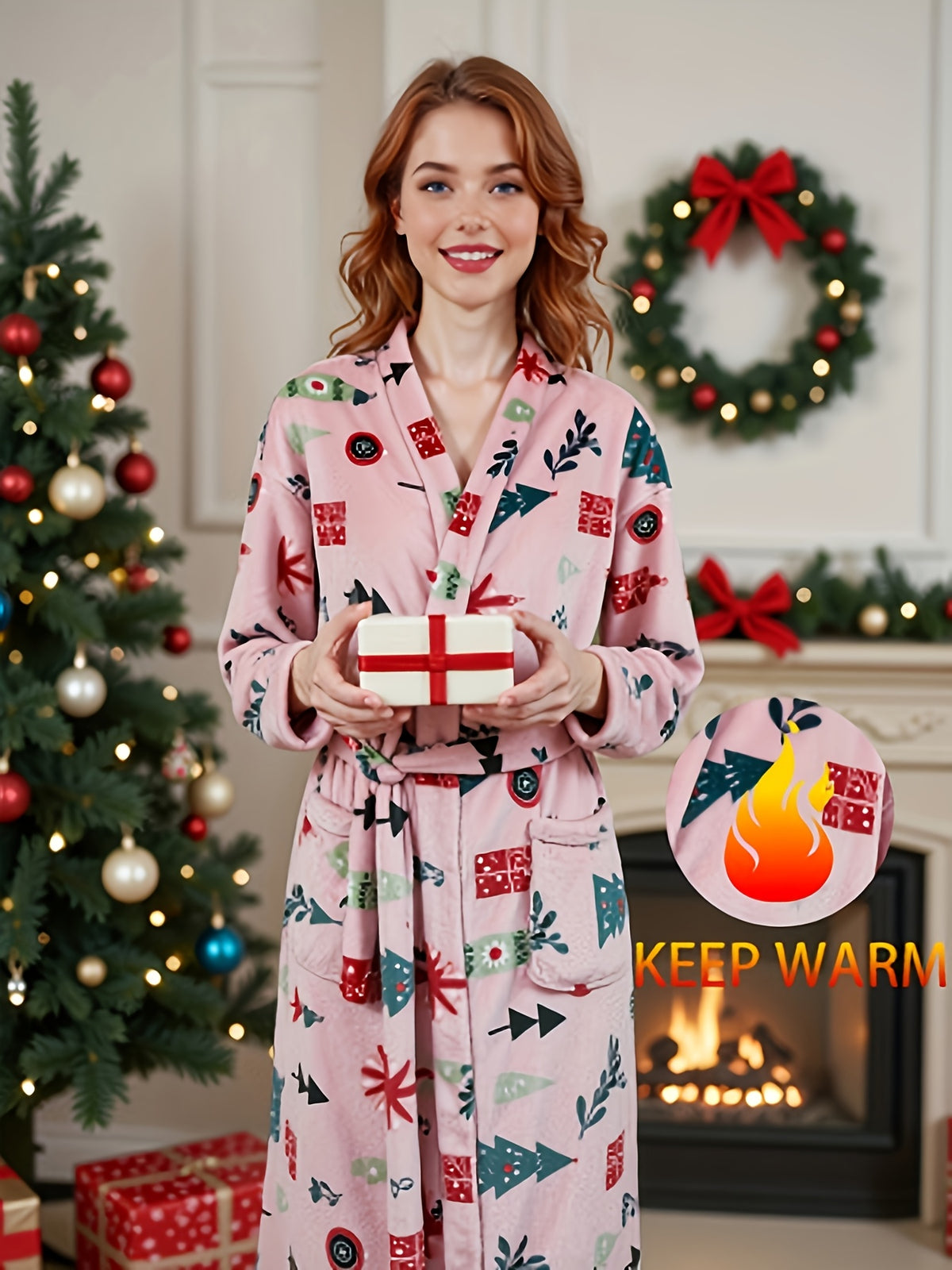 Women's pink Christmas print flannel dressing gown