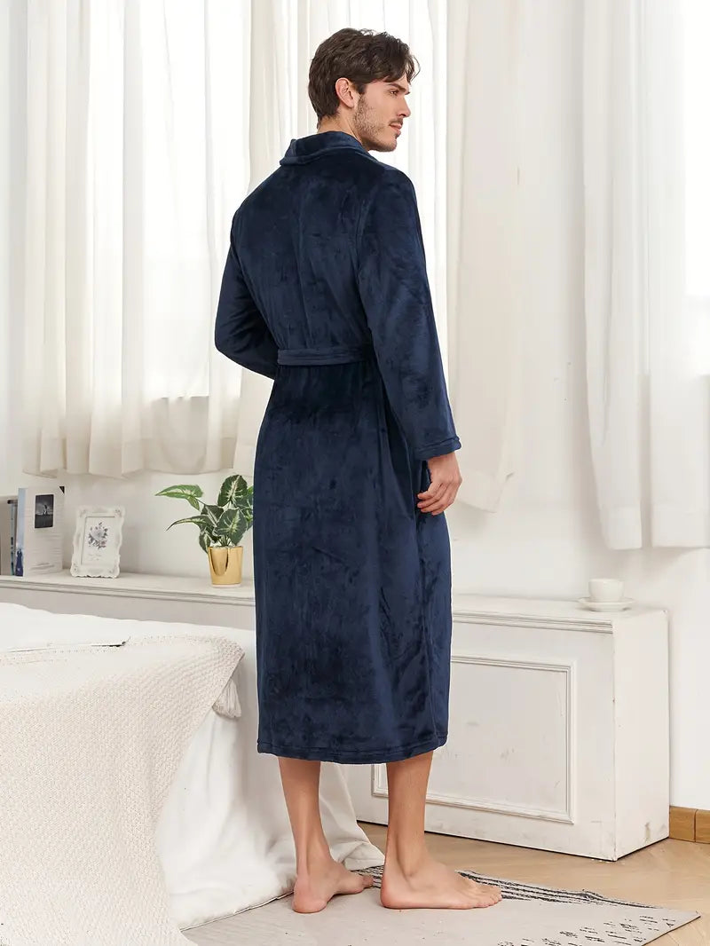 Men's long warm fleece bathrobe, plus size