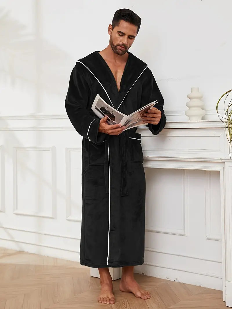 Men's warm hooded luxury bathrobe — Black