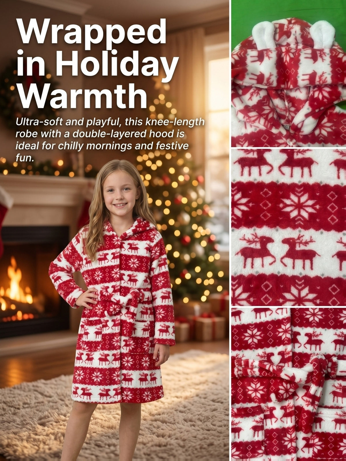 Kids' Fair Isle Christmas hooded fleece dressing gown