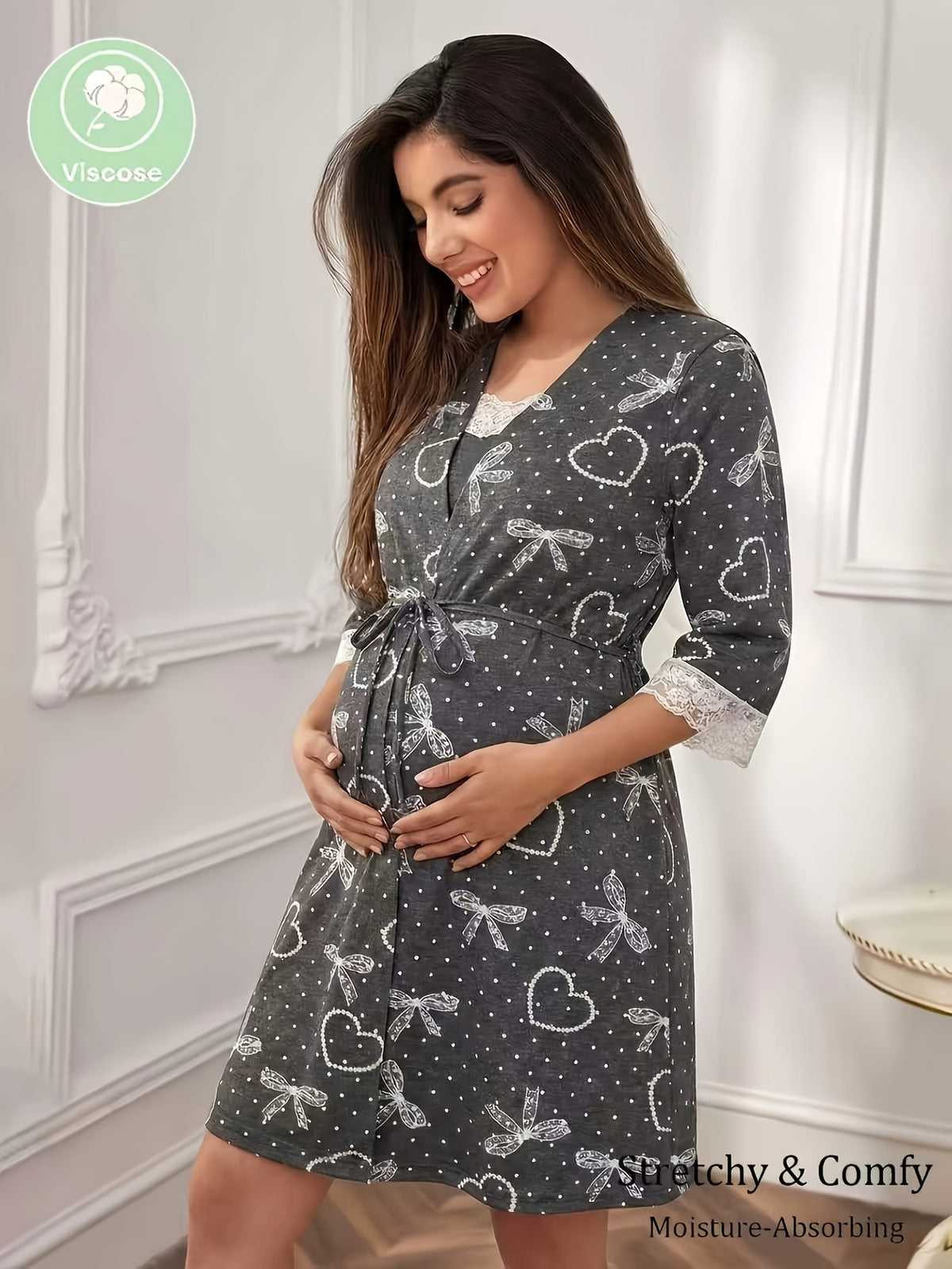Women's maternity lace dressing gown and nightdress set