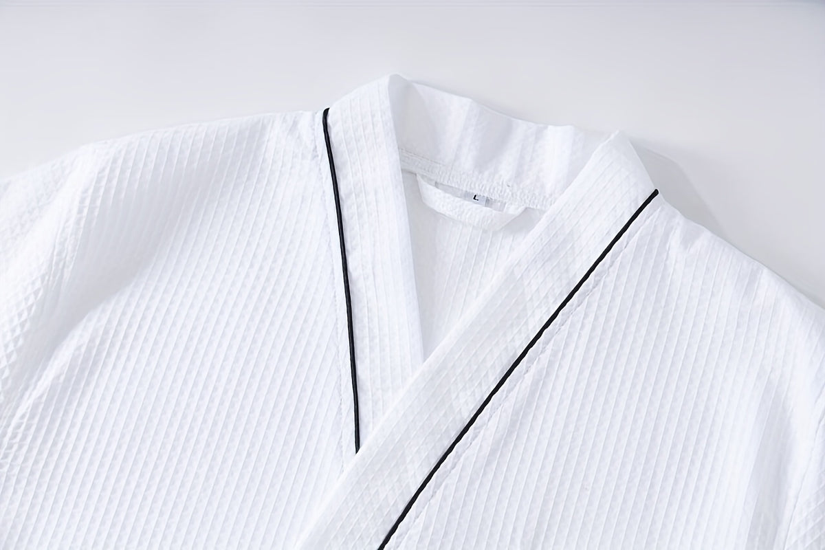 Unisex white long waffle bathrobe with pockets