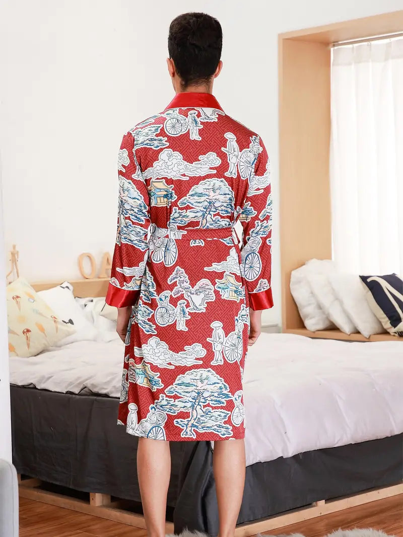 Men's short red vintage kimono robe