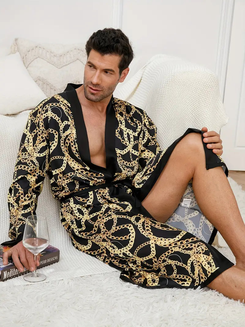 Men's gold chain print kimono robe
