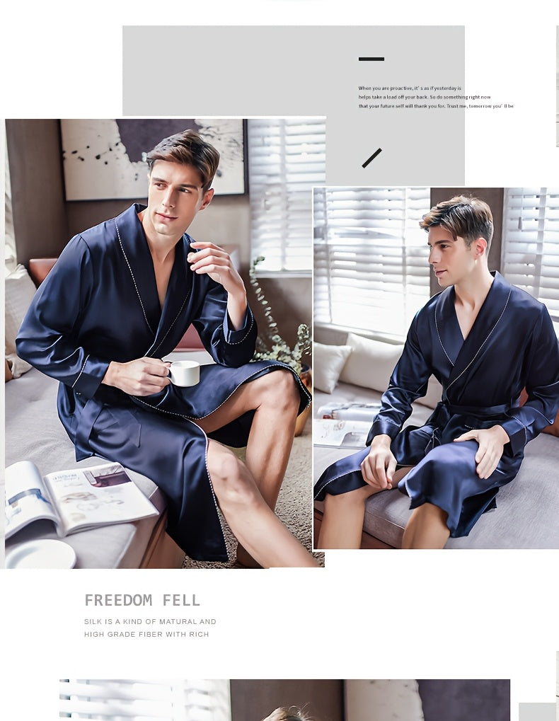 Men's navy mulberry silk dressing gown