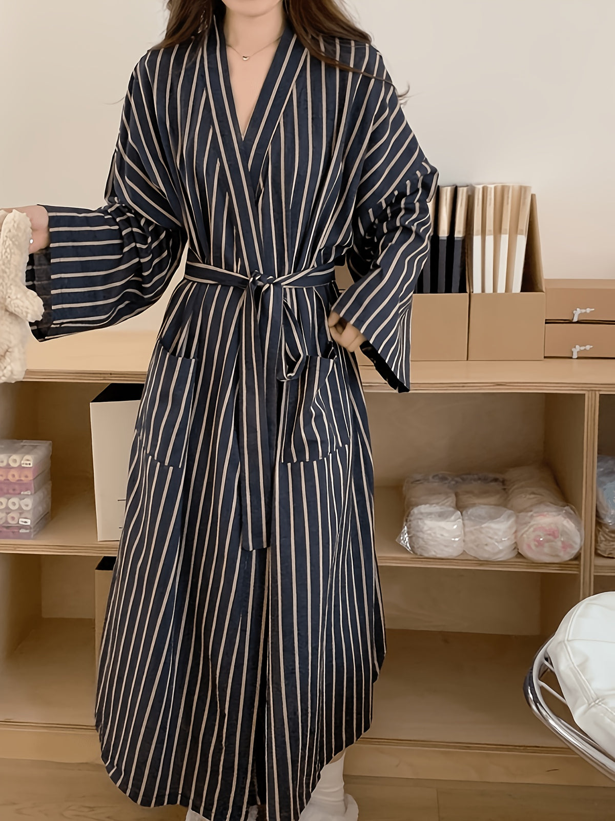 Women's navy striped satin dressing gown
