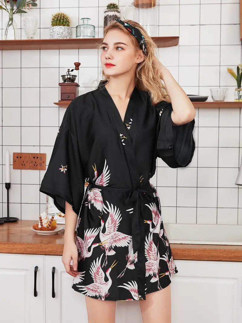Women's short crane print kimono robe