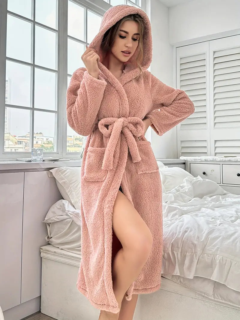Women's long pink hooded cotton bathrobe