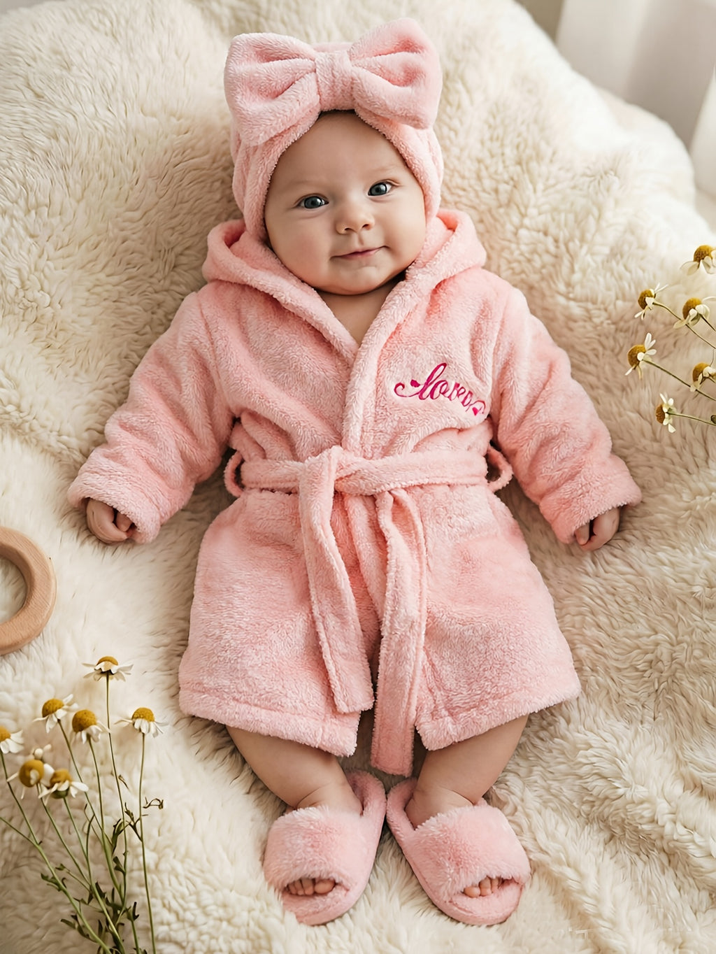 Newborn pink long hooded bathrobe