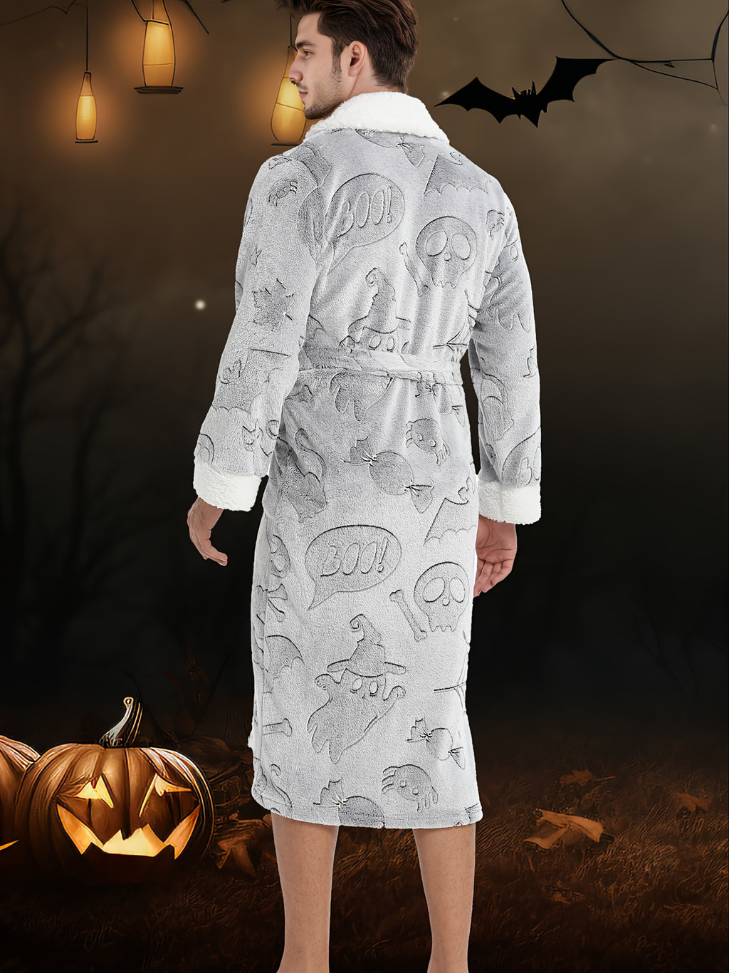 Men's Halloween print fleece dressing gown