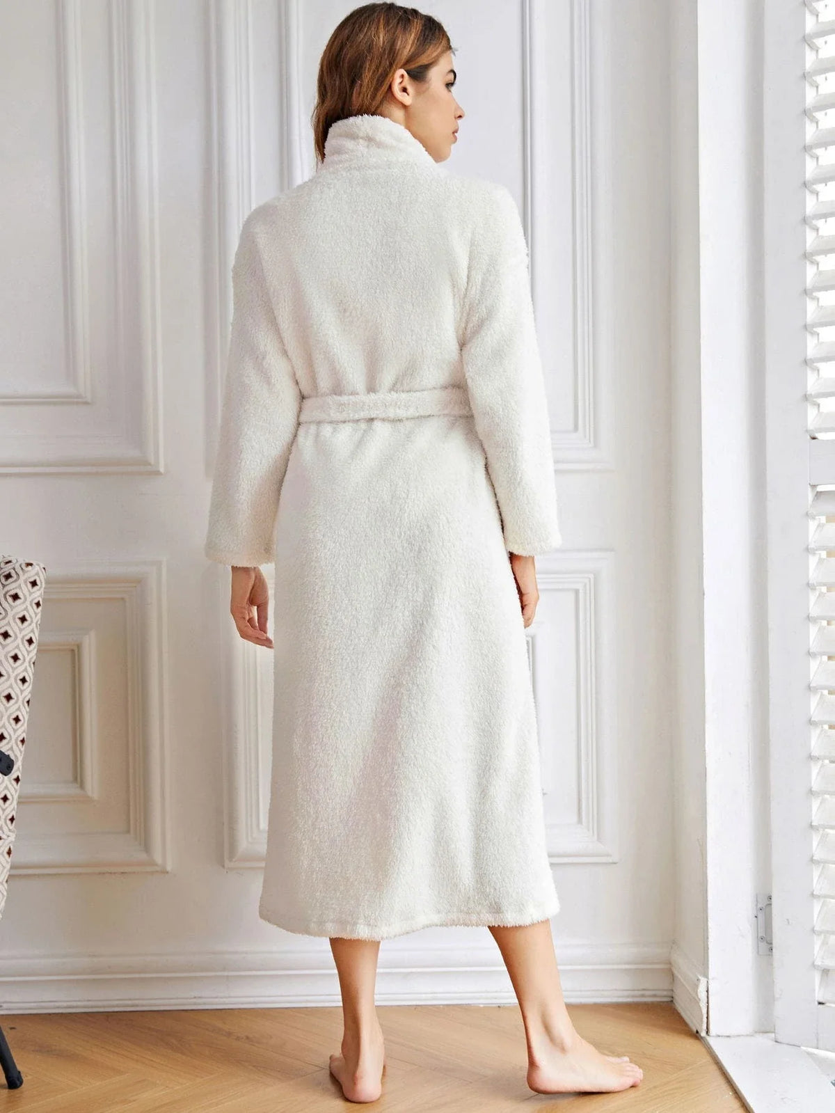 Women's long white hooded towel robe