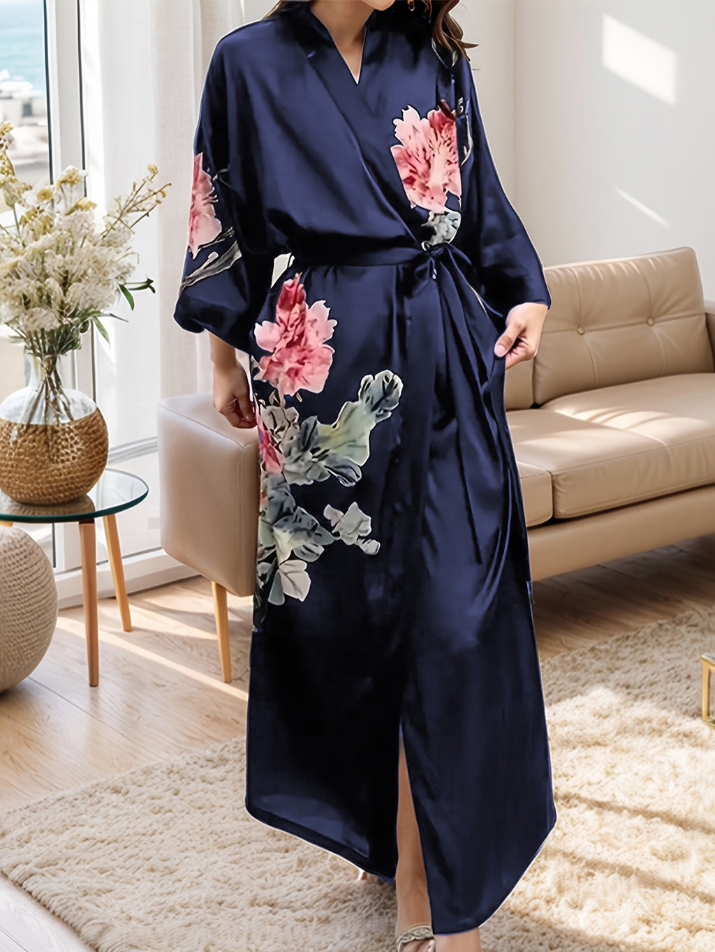 Women's plus size floral satin robe