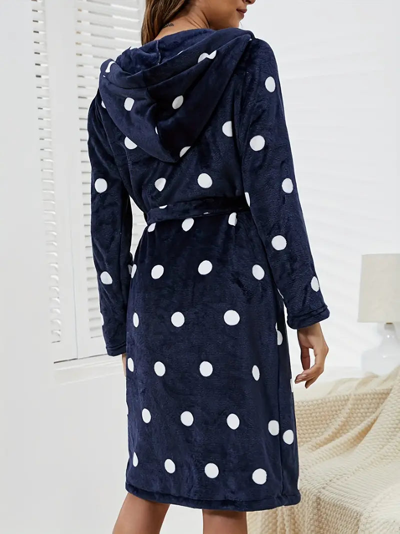 Women's short blue polka dot hooded bathrobe