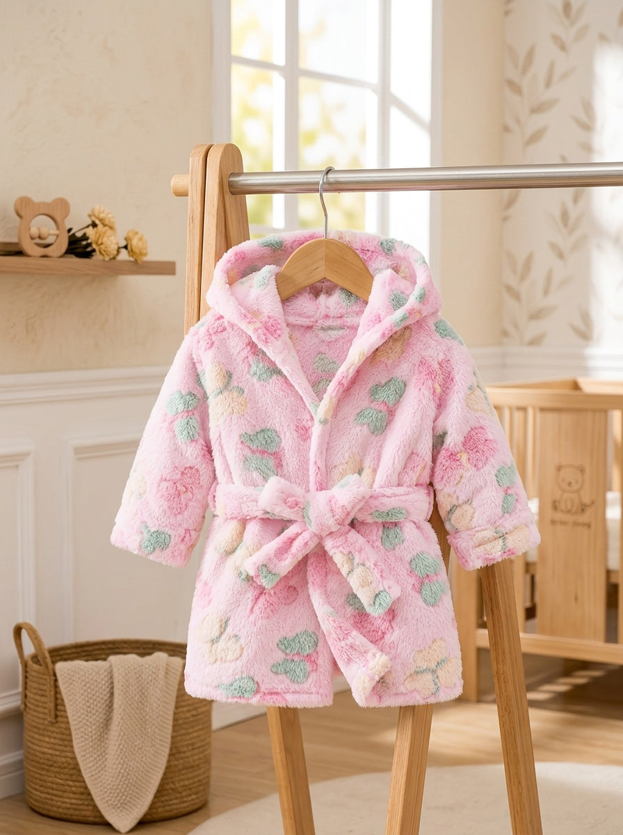 Baby pink hooded towelling bathrobe