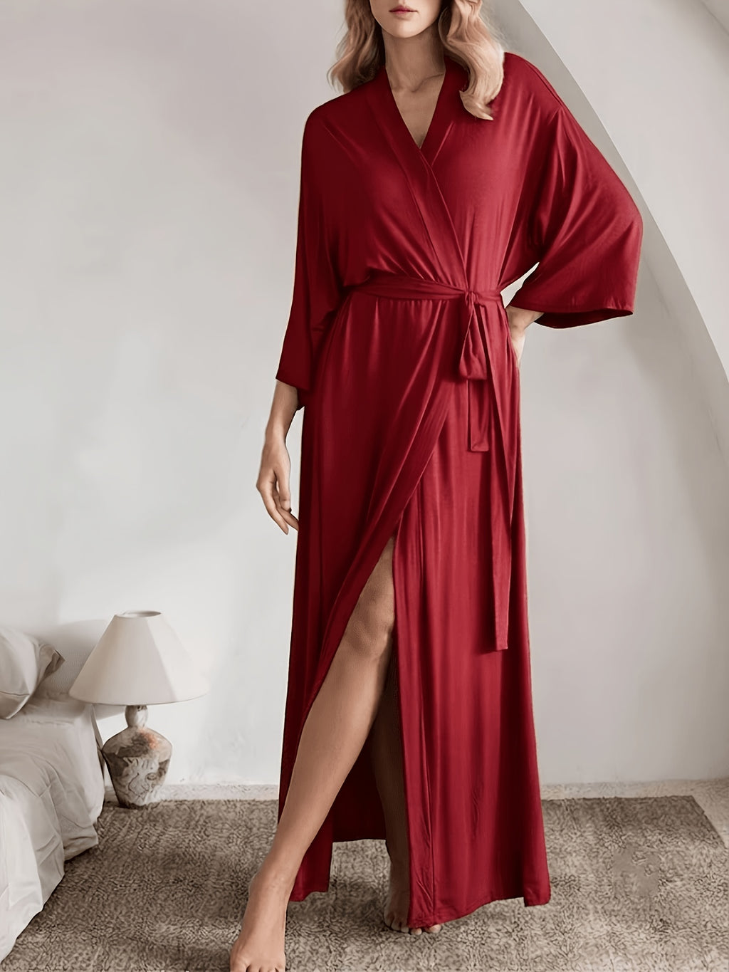 Women's red long satin dressing gown