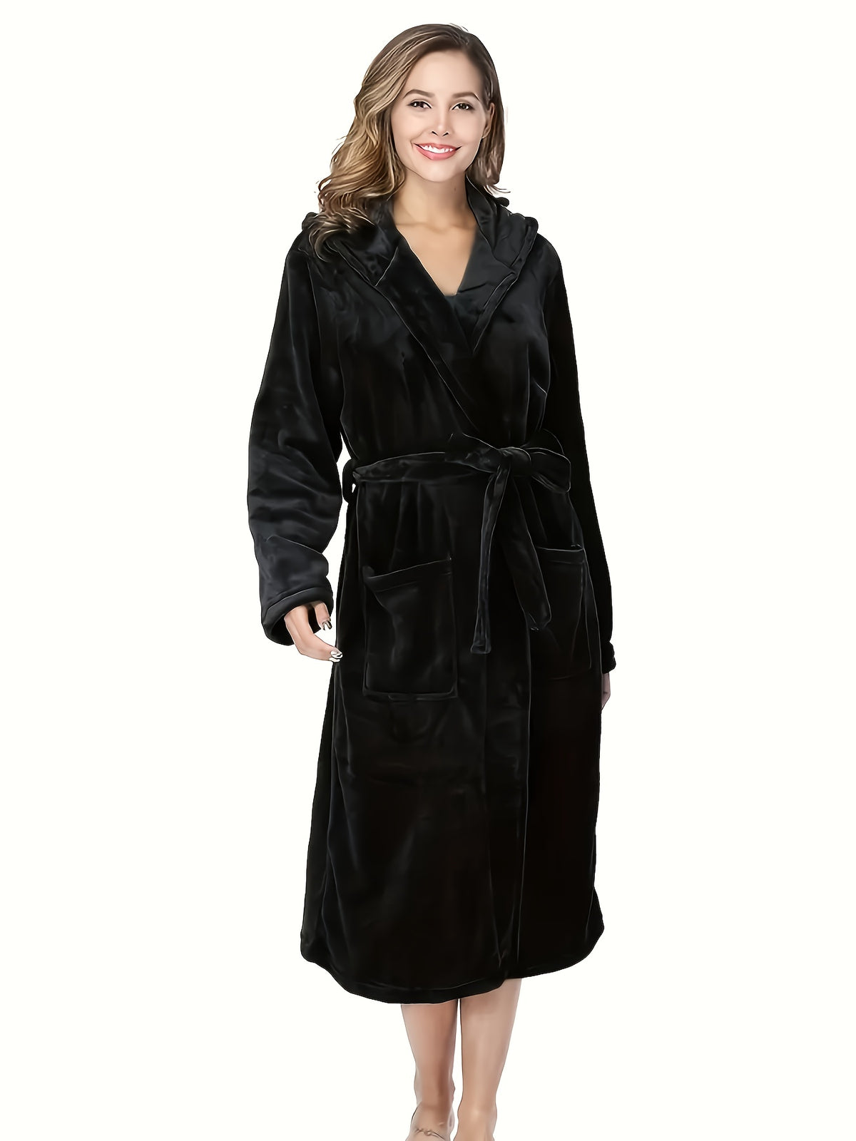 Women's long hooded flannel bathrobe