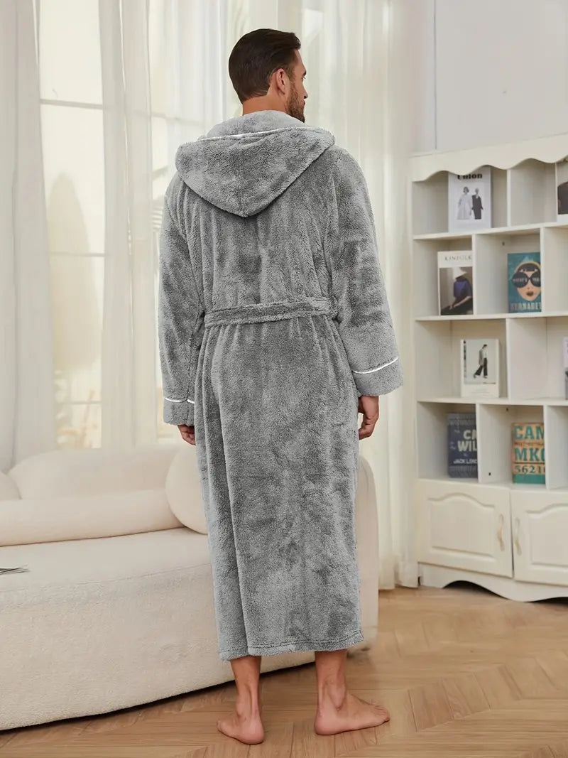 Men's thick hooded fleece bathrobe