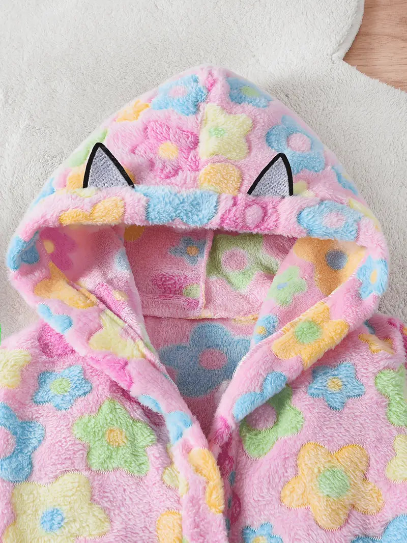 Girls' floral hooded towelling bathrobe