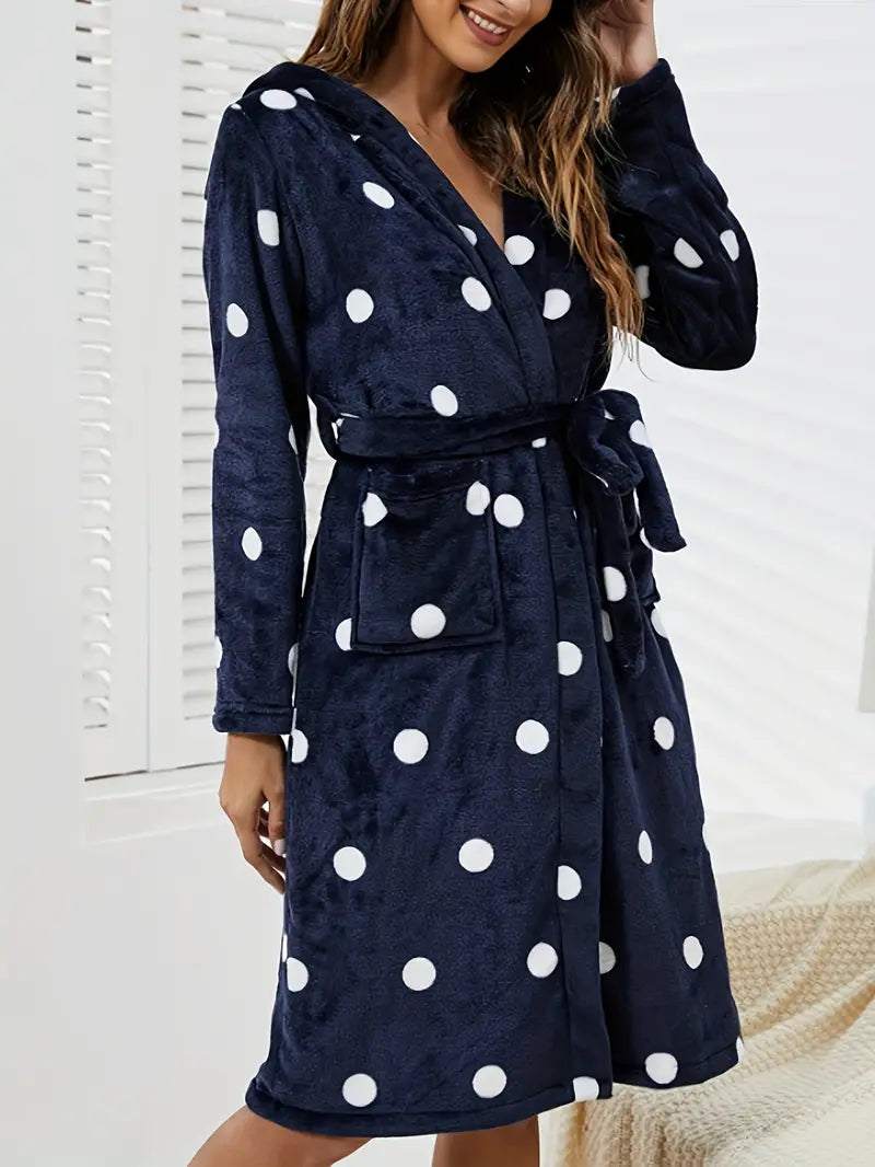 Women's short blue polka dot hooded bathrobe