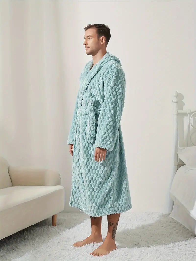 Men's long blue hooded luxury bathrobe