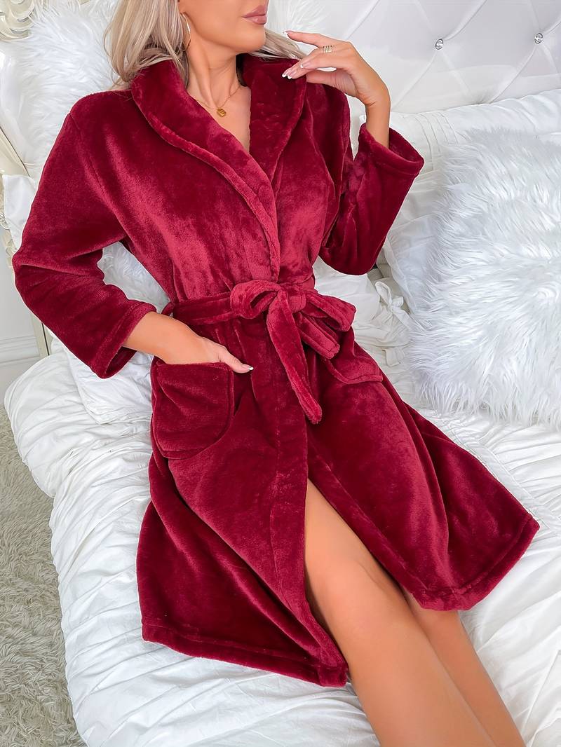 Women's short red fleece bathrobe