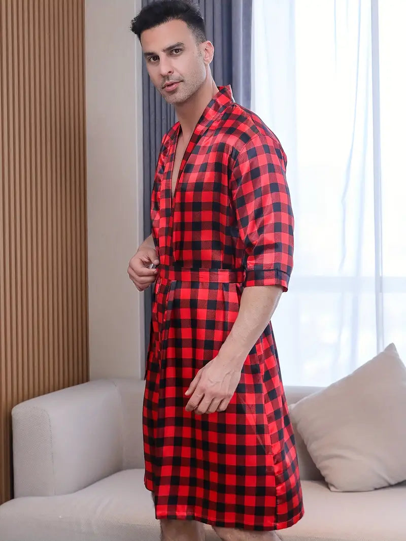 Men's short red checked kimono robe, plus size