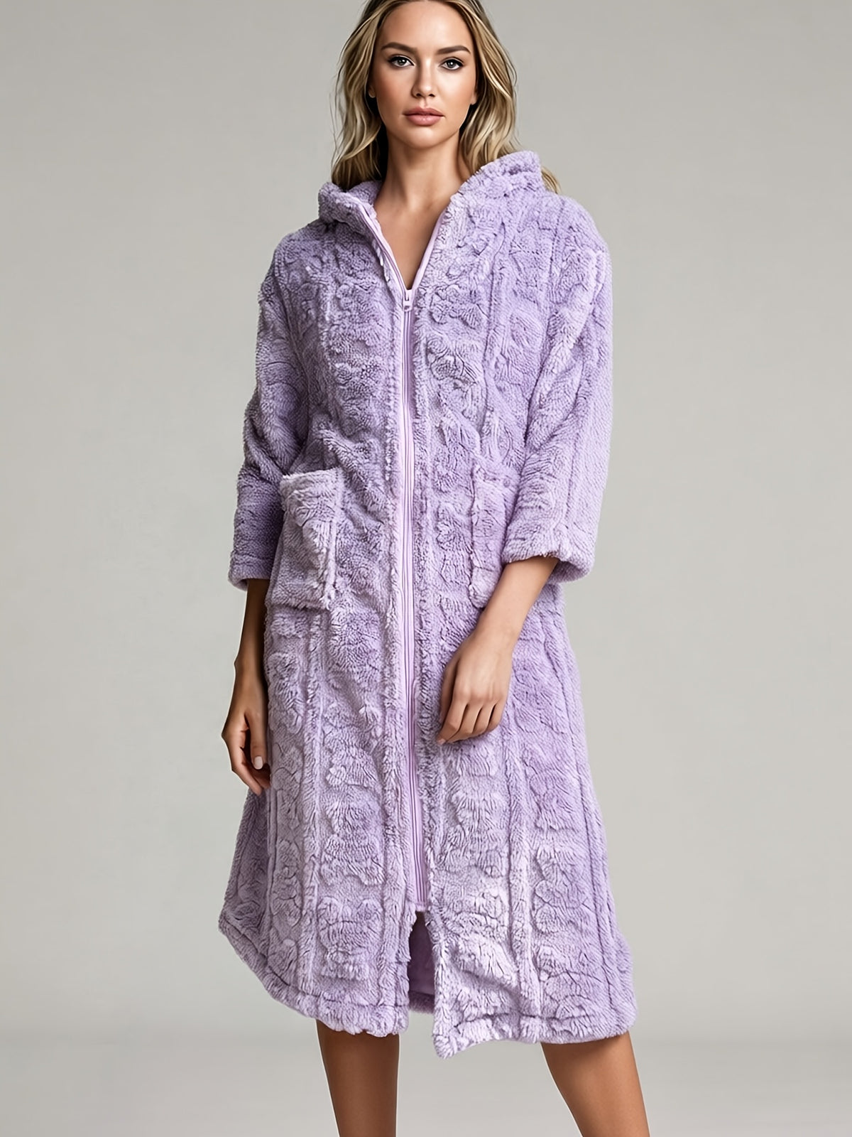 Women's heart print hooded zip-up dressing gown