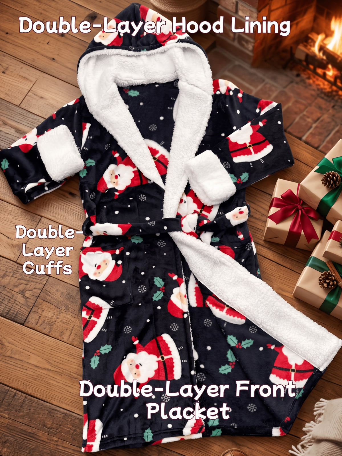 Men's navy Santa print hooded flannel dressing gown