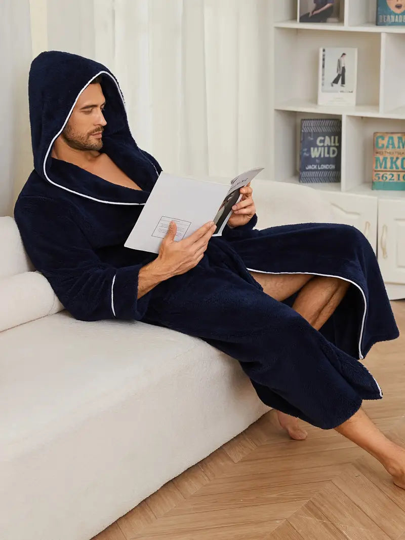 Men's thick hooded fleece bathrobe