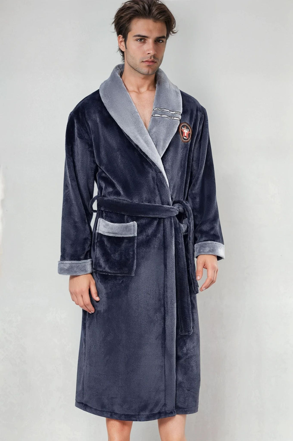 Men's fleece bathrobe, grey and blue — Blue