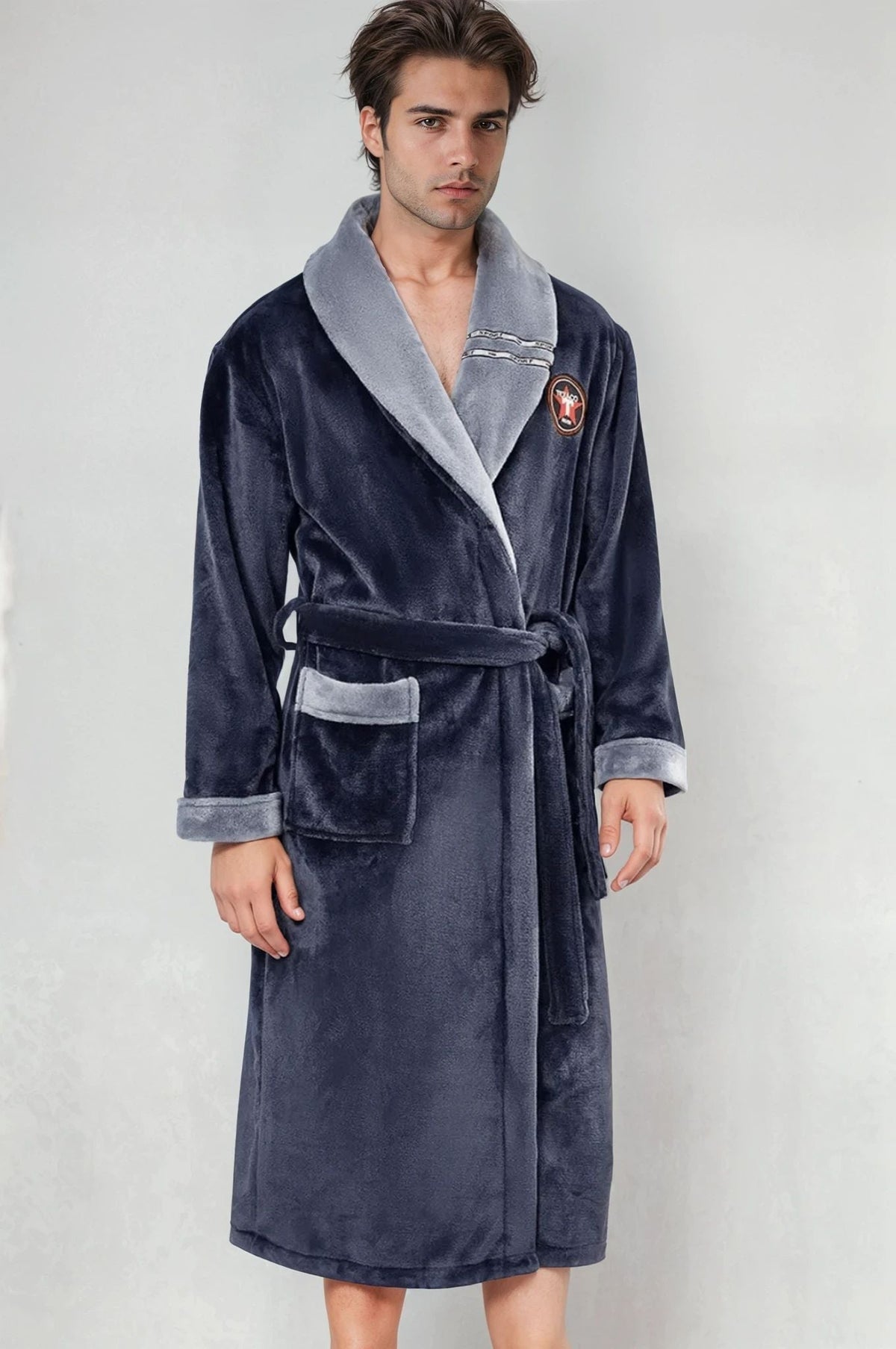 Men's fleece bathrobe, grey and blue — Blue