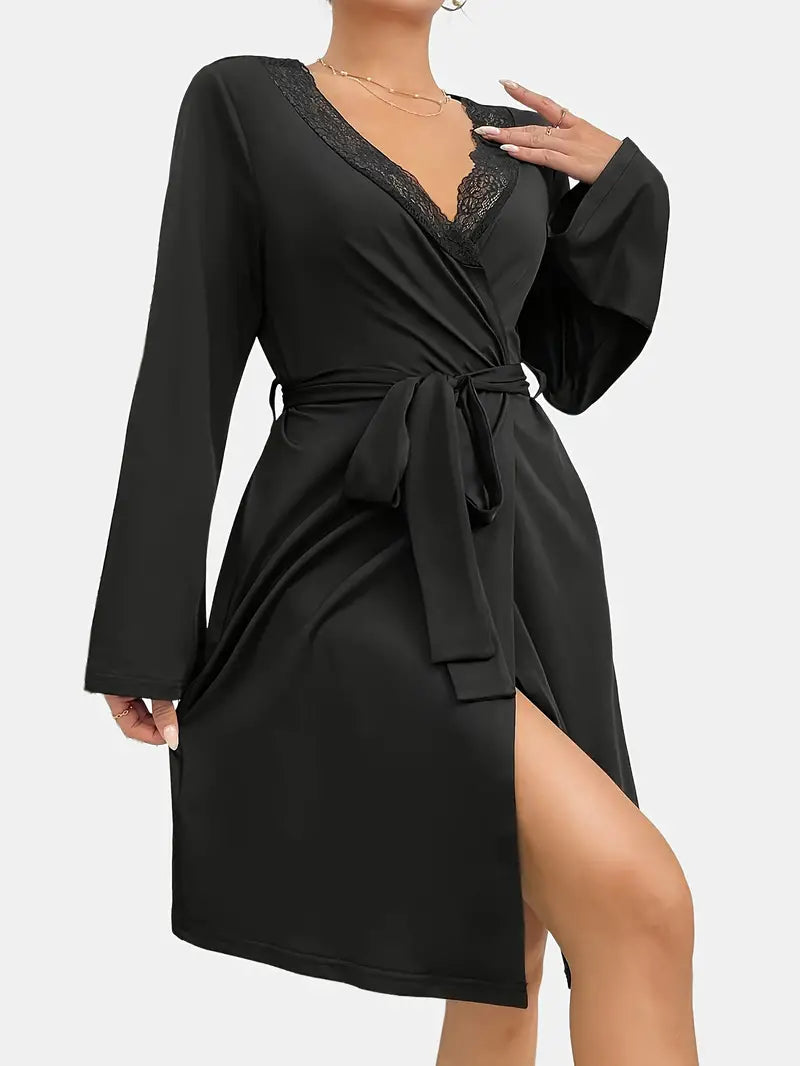 Women's short black satin dressing gown, plus size