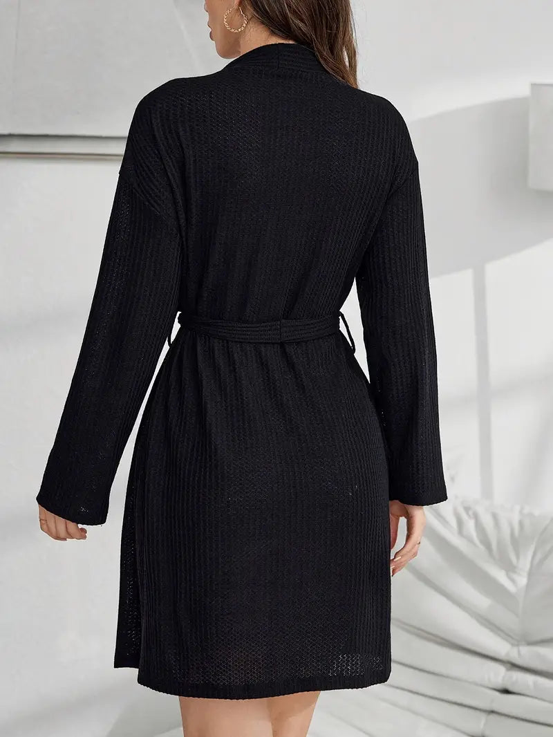 Women's short black waffle bathrobe