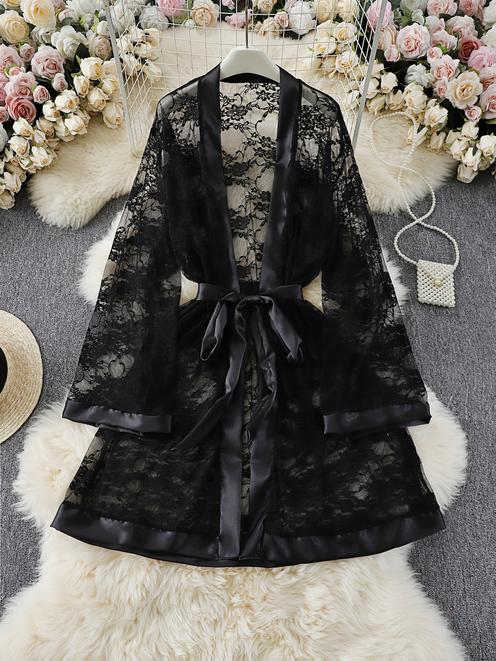 Women's black lace dressing gown
