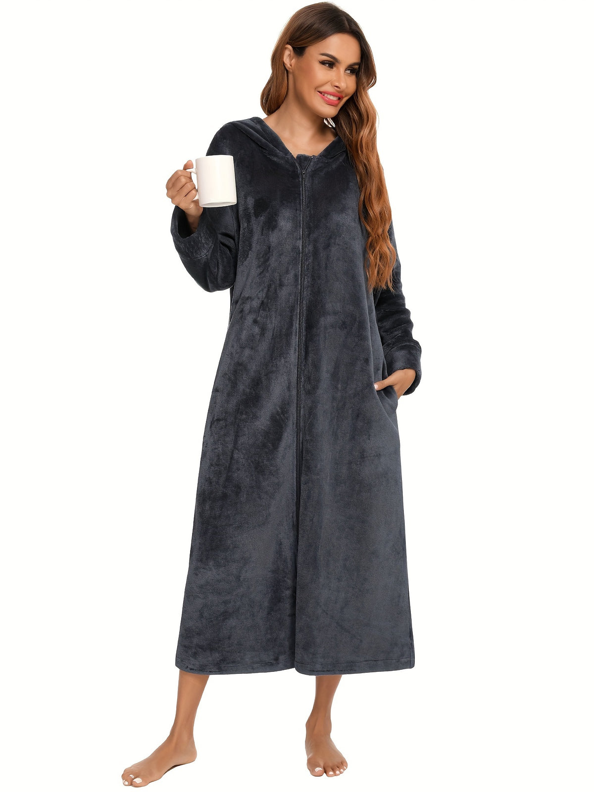 Women's hooded flannel zip-up dressing gown
