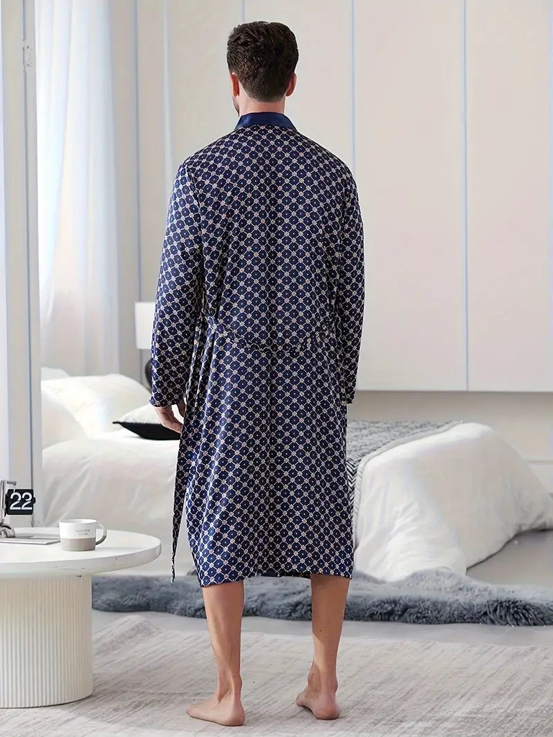 Men's long navy satin dressing gown