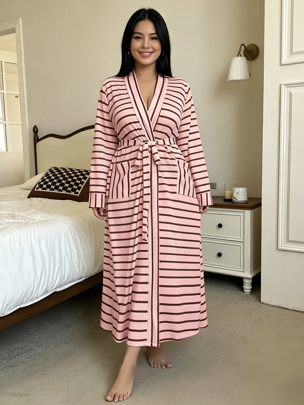 Women's plus size striped dressing gown