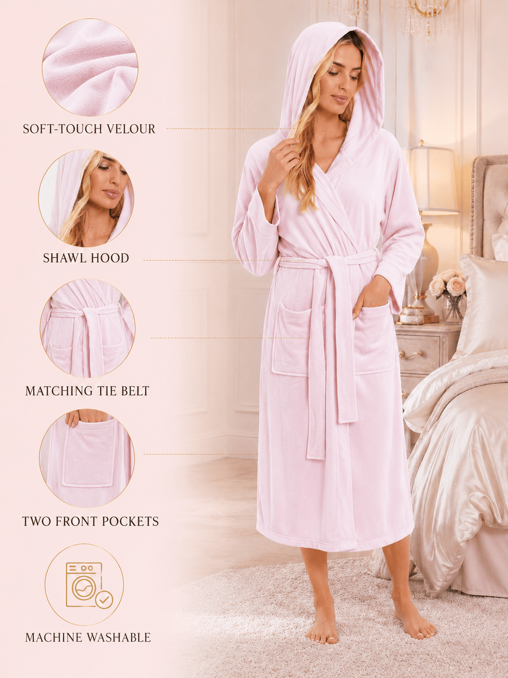 Women's long hooded velour bathrobe