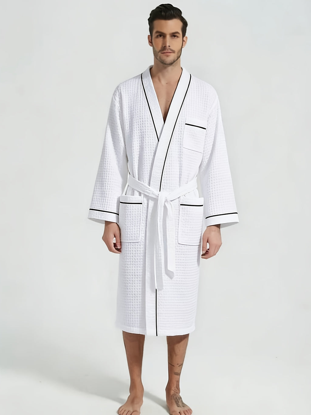 Unisex white long waffle bathrobe with pockets