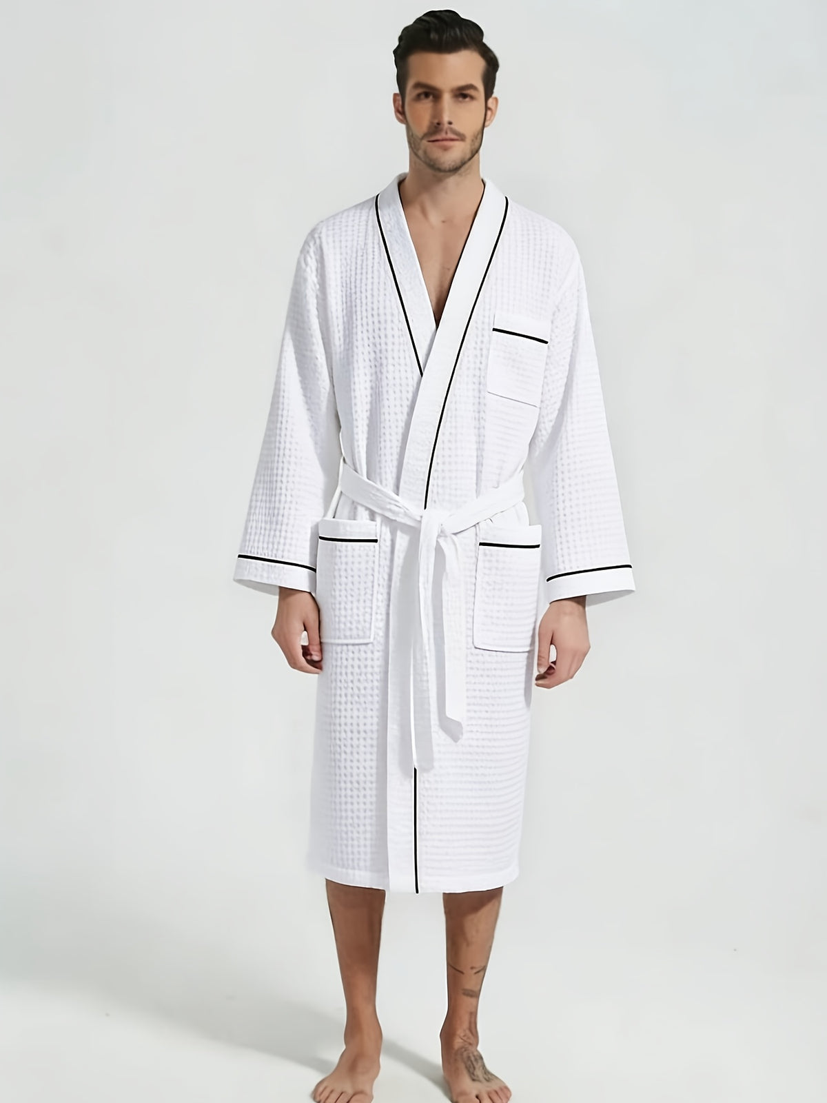 Unisex white long waffle bathrobe with pockets