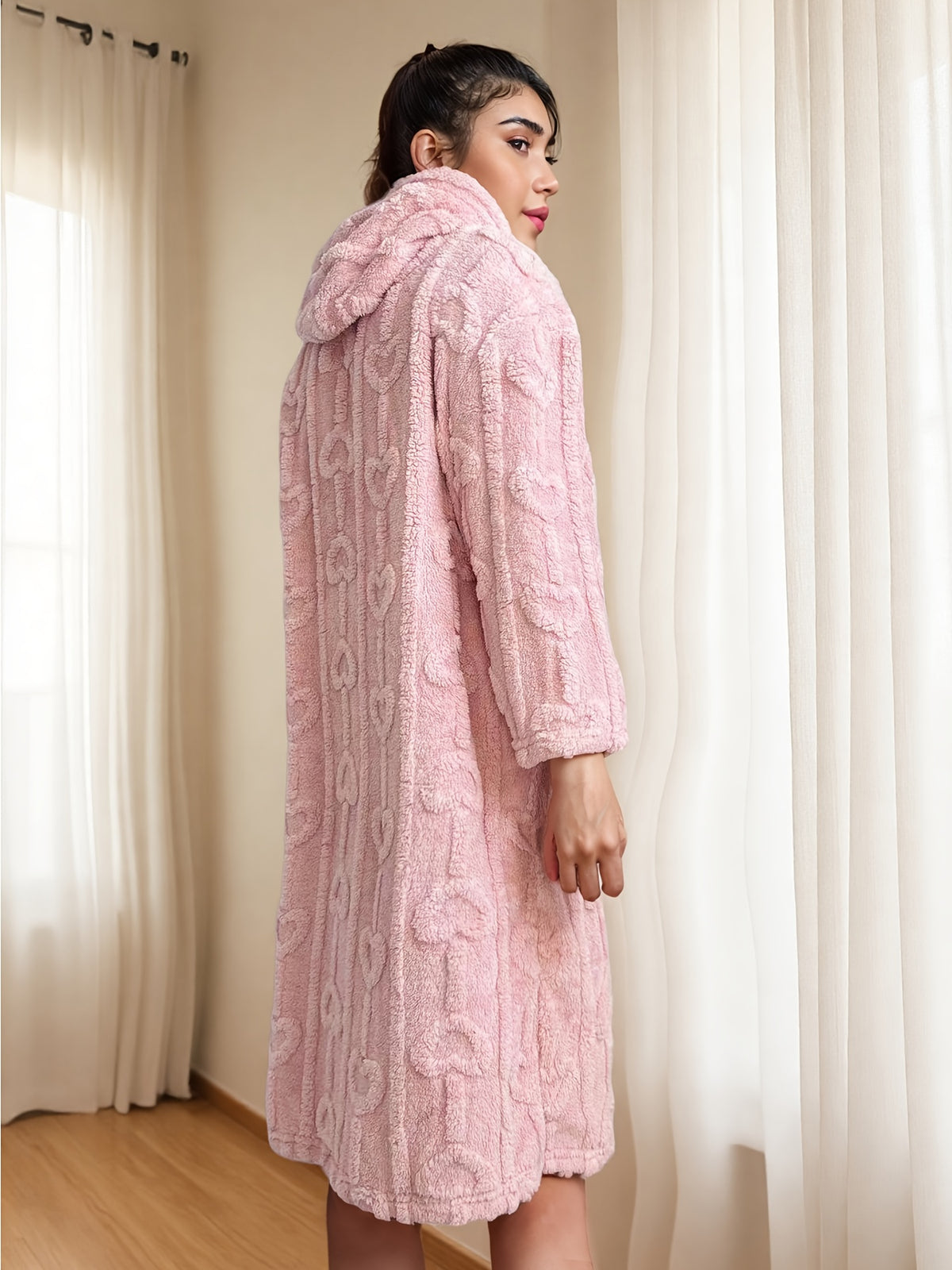 Women's heart print hooded zip-up dressing gown