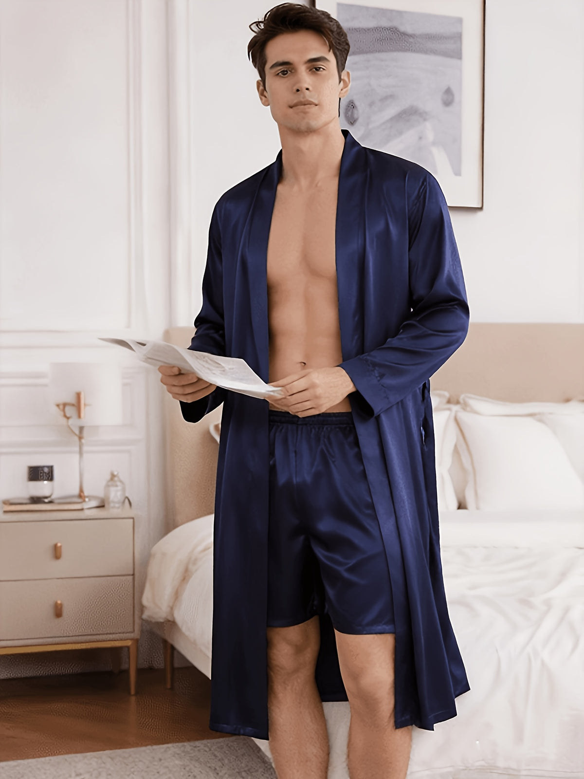 Men's navy satin dressing gown with belt