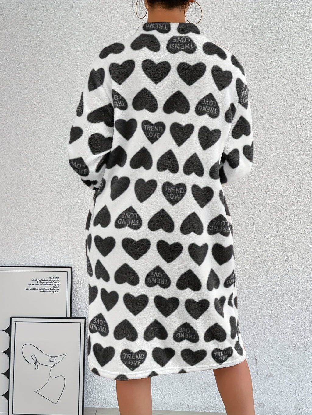 Women's red heart flannel zip-up dressing gown